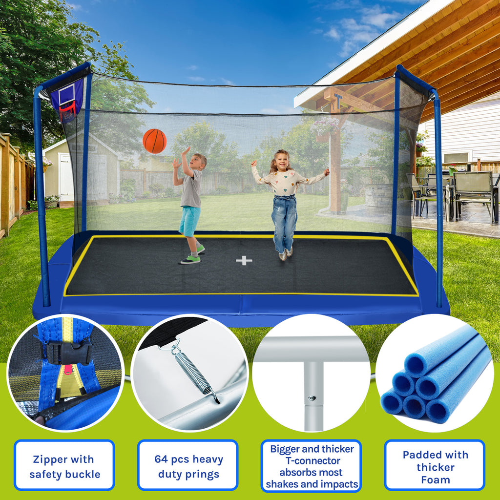 Anthony & Home YC Rectangular Trampoline Elite Edition with safety net and padded edges for outdoor recreational bouncing.