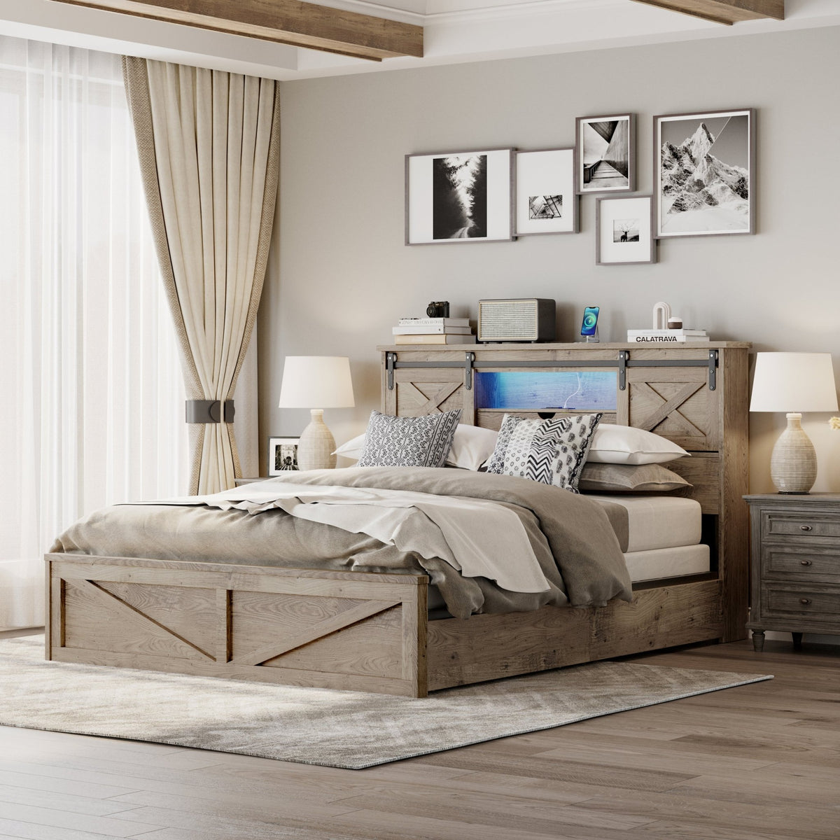 Grey rustic Queen Farmhouse Bed Frame with LED charging station from Anthony & Home Heritage Collection, featuring wood construction.