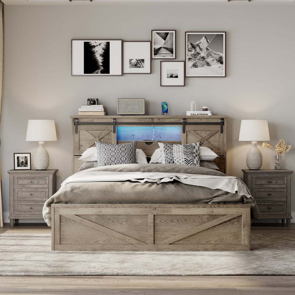 Grey Queen Farmhouse Bed Frame by Anthony & Home from the Heritage Collection with rustic wood finish and built-in LED charging station.