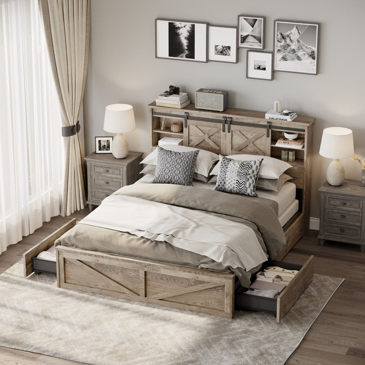 Grey Queen Farmhouse Bed Frame from Anthony & Home with rustic wood finish and integrated LED charging station in the Heritage Collection.