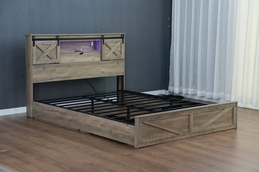 Grey Anthony & Home Queen Farmhouse Bed Frame with rustic wood finish and integrated LED charging station in Heritage Collection.