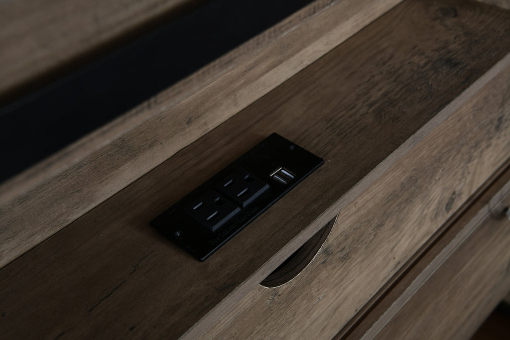 Grey Anthony & Home Queen Farmhouse Bed Frame with rustic wood finish and integrated LED charging station, Heritage Collection style.