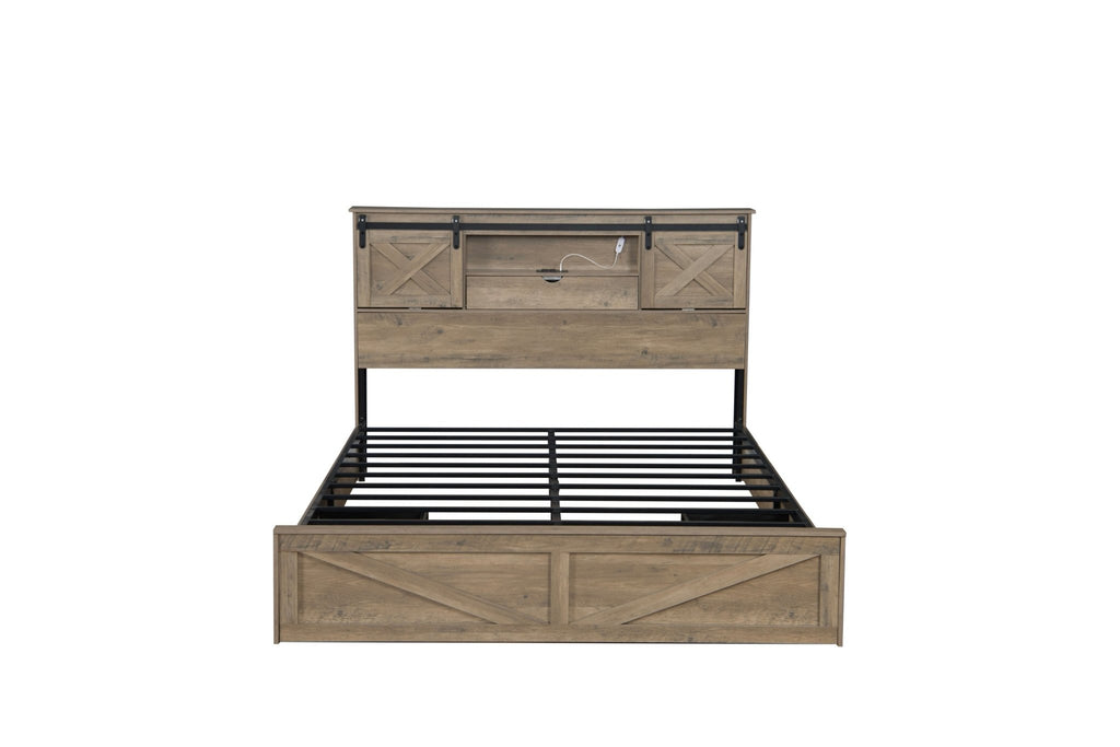 Grey Queen Farmhouse Bed Frame by Anthony & Home with rustic wood finish and built-in LED charging station in Heritage Collection