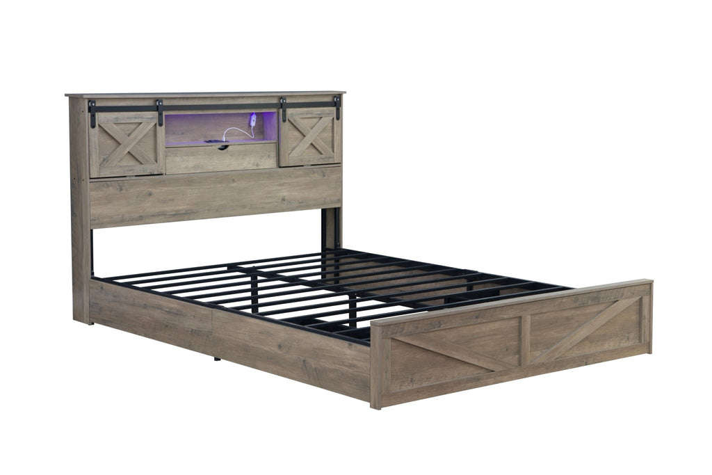 Grey rustic wood Queen Farmhouse Bed Frame from Anthony & Home with built-in LED charging station in Heritage Collection.