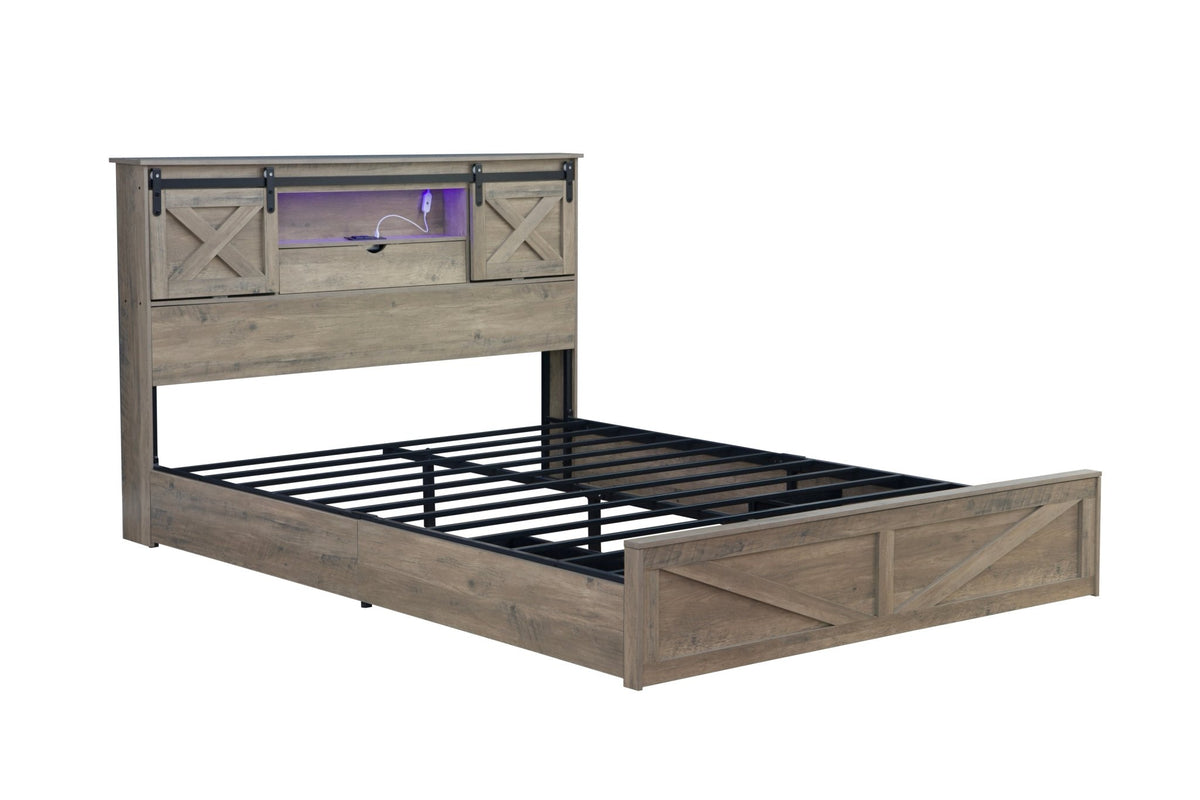 Grey rustic wood Queen Farmhouse Bed Frame from Anthony & Home with built-in LED charging station in Heritage Collection.