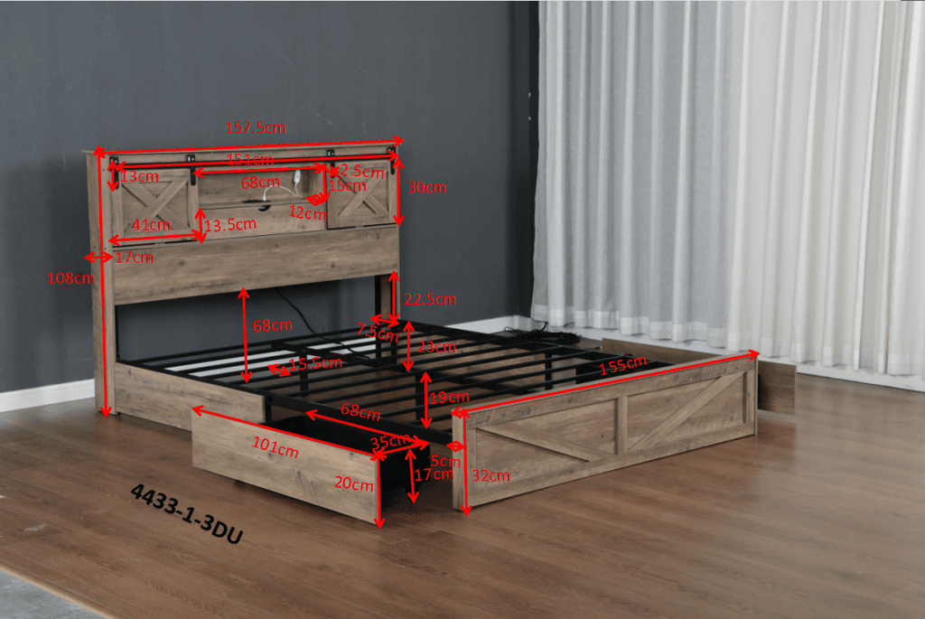 Grey Queen farmhouse bed frame from Anthony & Home with rustic wood finish and built-in LED charging station.