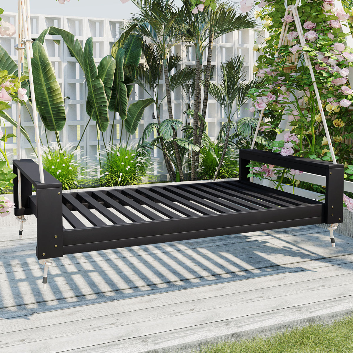 Topmax twin size porch swing bed in acacia wood by Anthony & Home, showcasing the sturdy, natural wood finish and comfortable design.