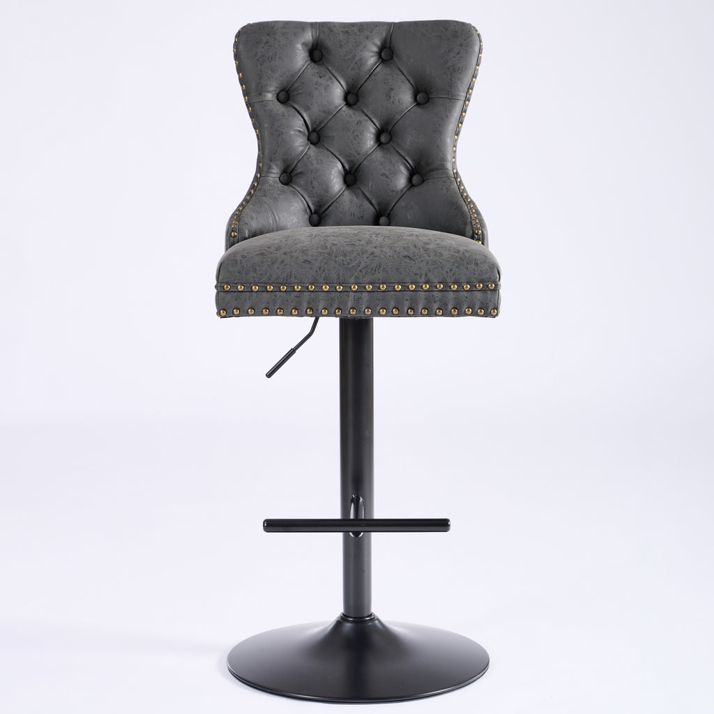 Pair of Anthony & Home tufted PU leather bar stools, 26-33 inch height, set of 2, with modern tufted design and wooden legs.