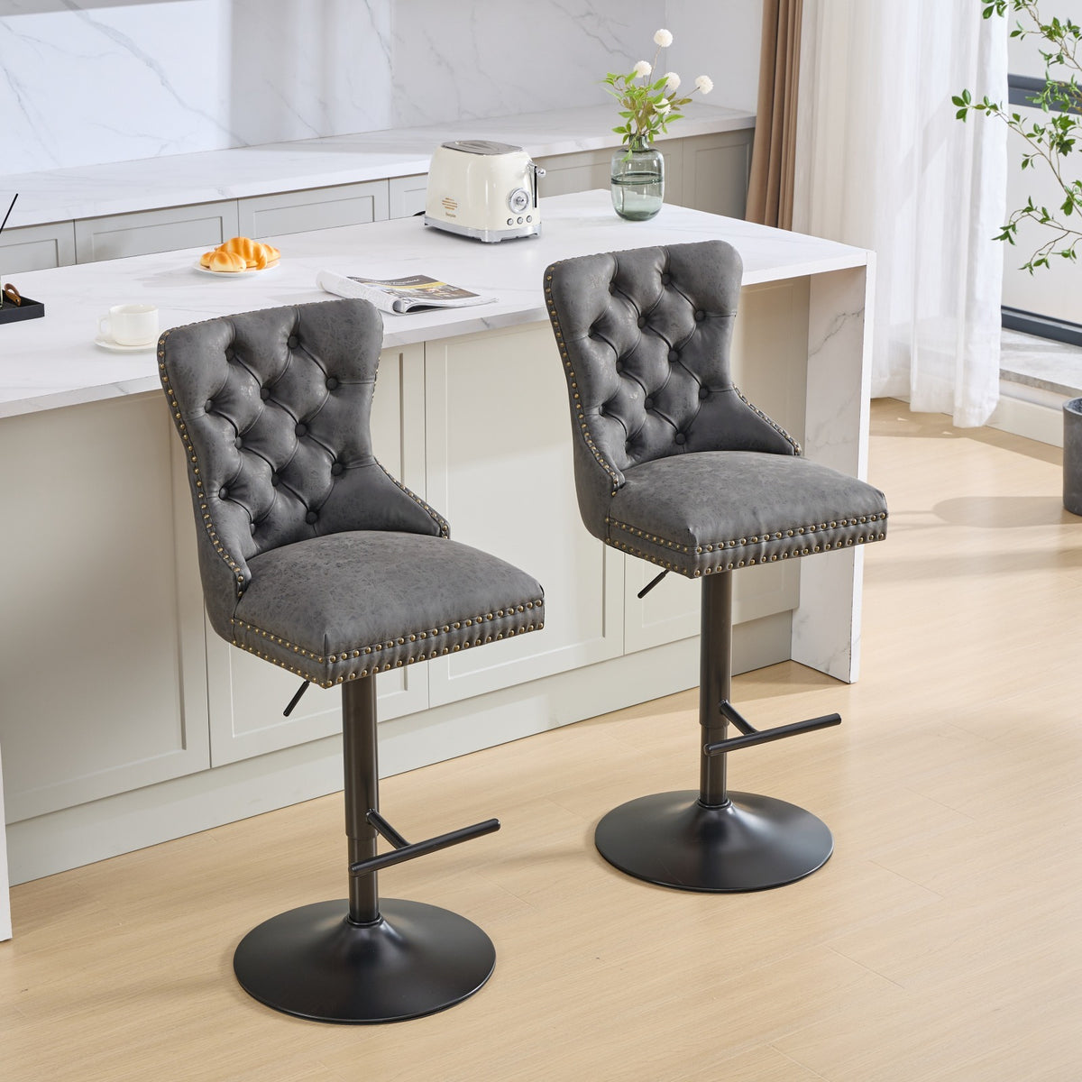 Set of 2 Anthony & Home tufted PU leather bar stools with adjustable height, 26-33 inches, featuring modern design and padded seats.