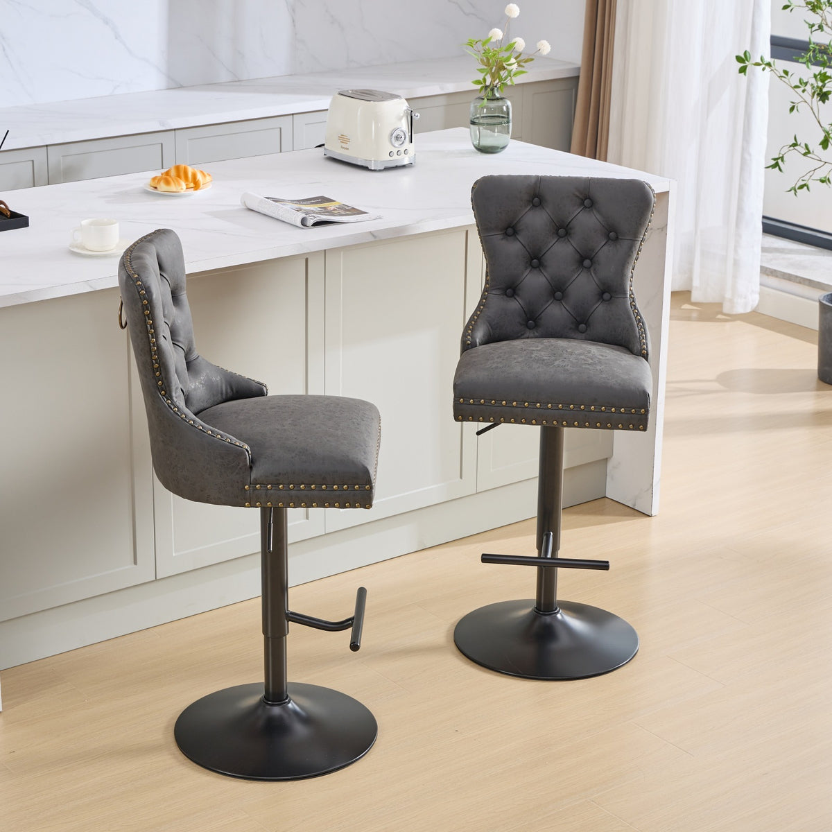 Pair of Anthony & Home tufted PU leather bar stools with adjustable height, 26-33 inches, set of 2.