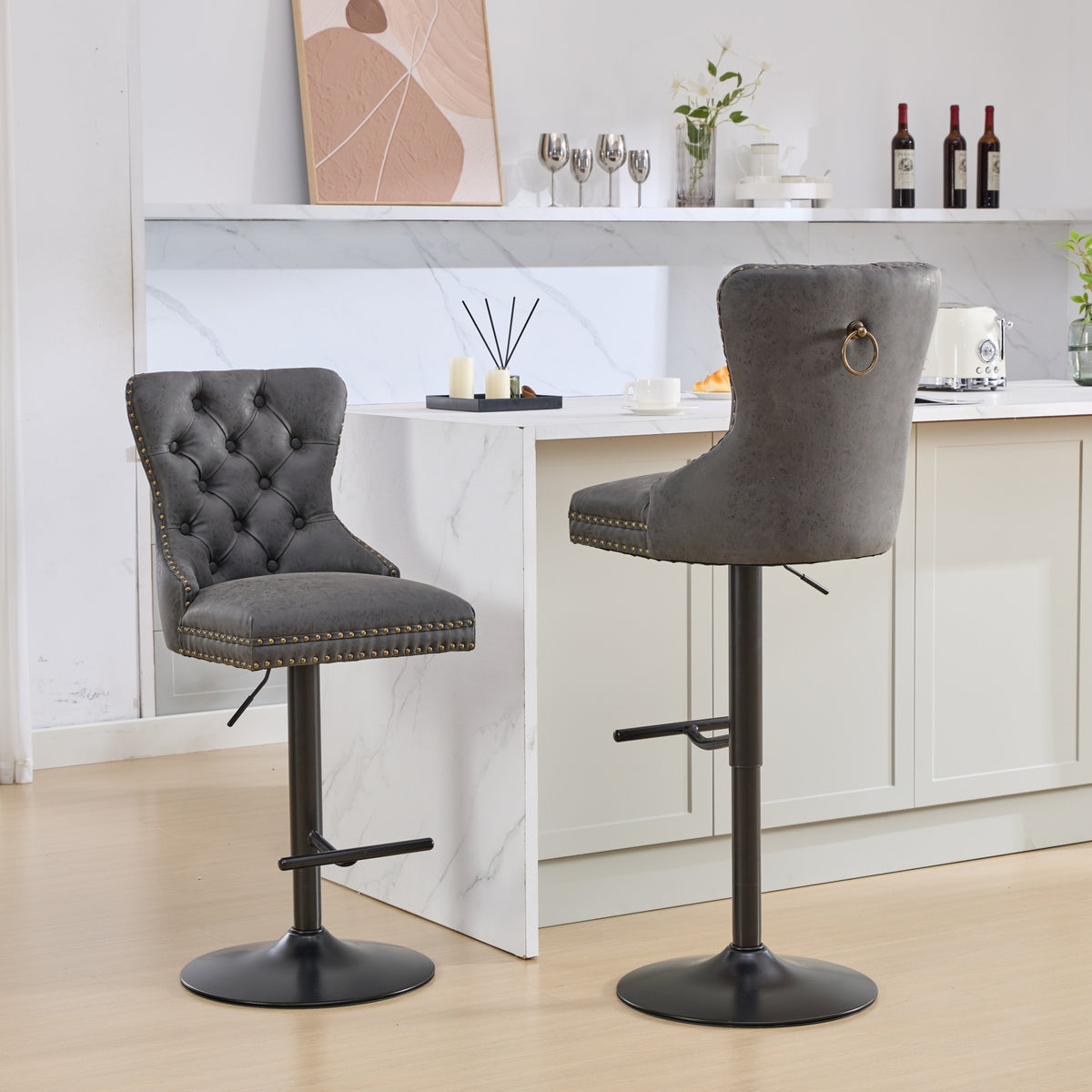 Set of two Anthony & Home tufted PU leather bar stools with adjustable height, 26-33 inches, modern design for kitchen or bar area.