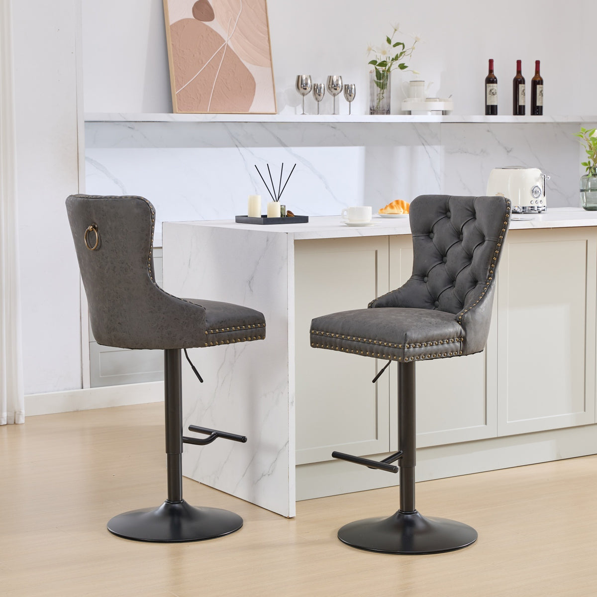 Set of two Anthony & Home tufted PU leather bar stools with adjustable height, 26-33 inches, modern design.