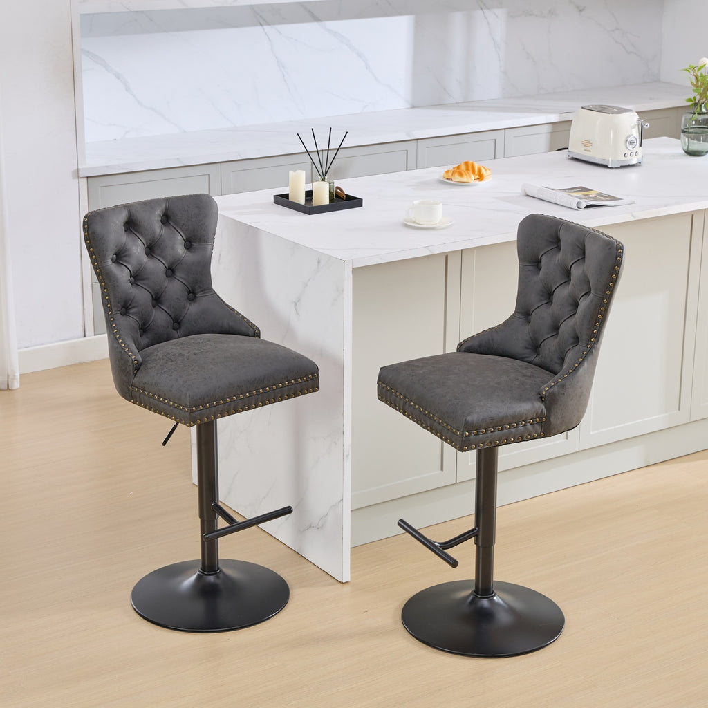 Pair of Anthony & Home tufted PU leather bar stools with wooden legs, adjustable height from 26 to 33 inches, set of two.