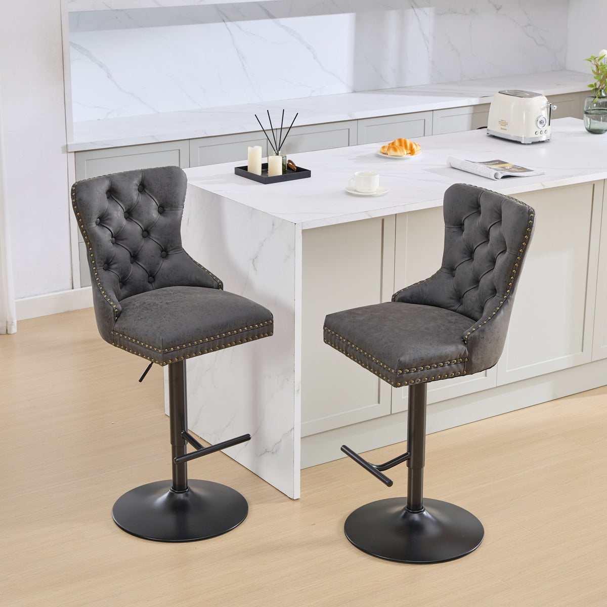 Pair of Anthony & Home tufted PU leather bar stools with wooden legs, adjustable height from 26 to 33 inches, set of two.