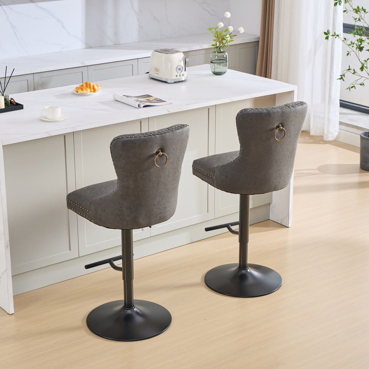 Set of two Anthony & Home tufted PU leather bar stools with adjustable height, 26-33 inches, modern design for bar or kitchen.