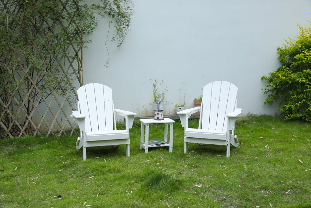 White Virgin HDPE folding Adirondack chair and side table set by Anthony & Home, ideal for outdoor relaxation and patio decor.