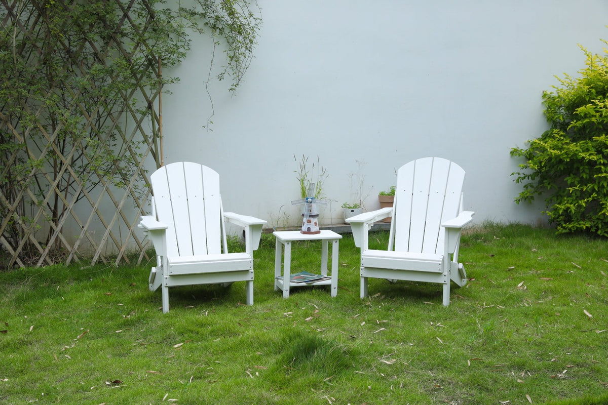 White Virgin HDPE folding Adirondack chair and side table set by Anthony & Home, ideal for outdoor relaxation and patio decor.