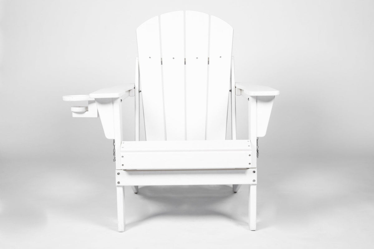 White Virgin HDPE Adirondack chair and side table set by Anthony & Home for outdoor living, featuring sturdy, weather-resistant design.
