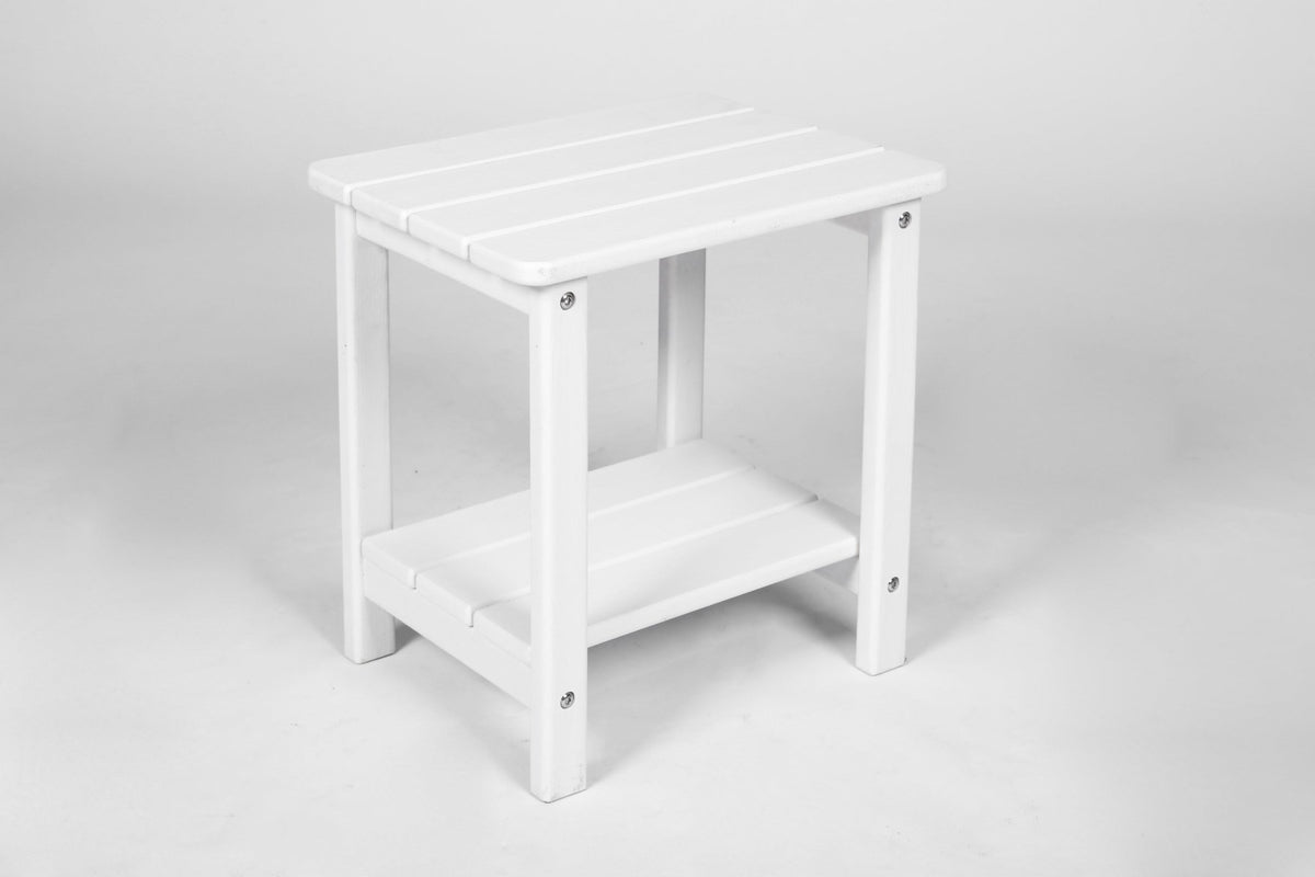White Virgin HDPE folding Adirondack chair and side table set by Anthony & Home, ideal for outdoor patio and garden relaxation.