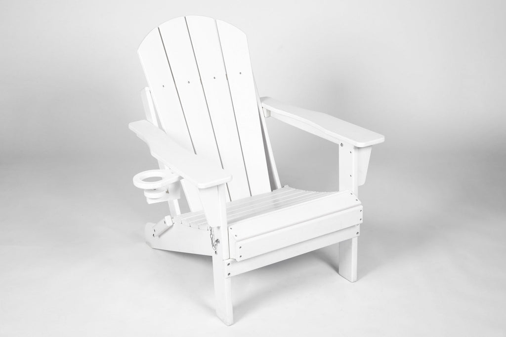 White Virgin HDPE folding Adirondack chair and side table set by Anthony & Home for outdoor living, showing the stylish, durable design.