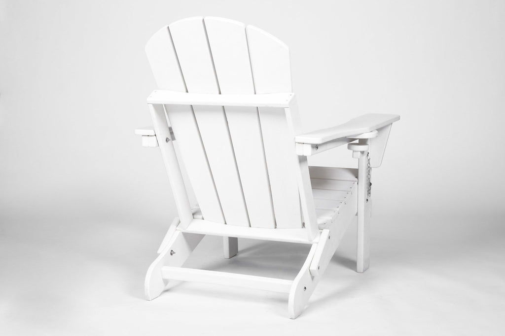 White Virgin HDPE folding Adirondack chair and side table set for outdoor living by Anthony & Home, shown in a cozy outdoor setting.