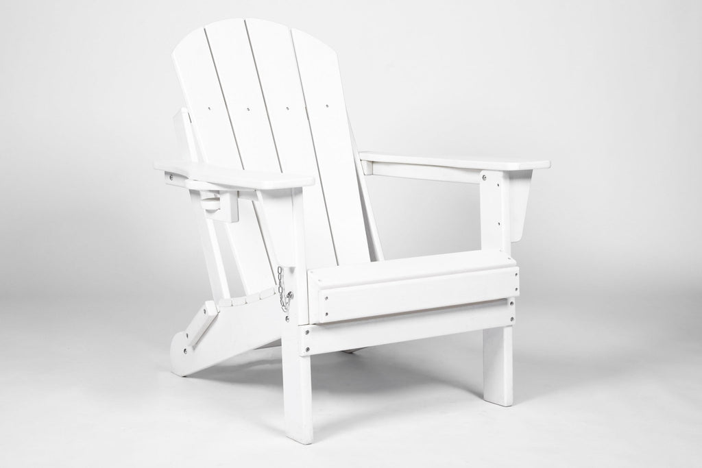 White Virgin HDPE folding Adirondack chair and side table set by Anthony & Home for outdoor living.