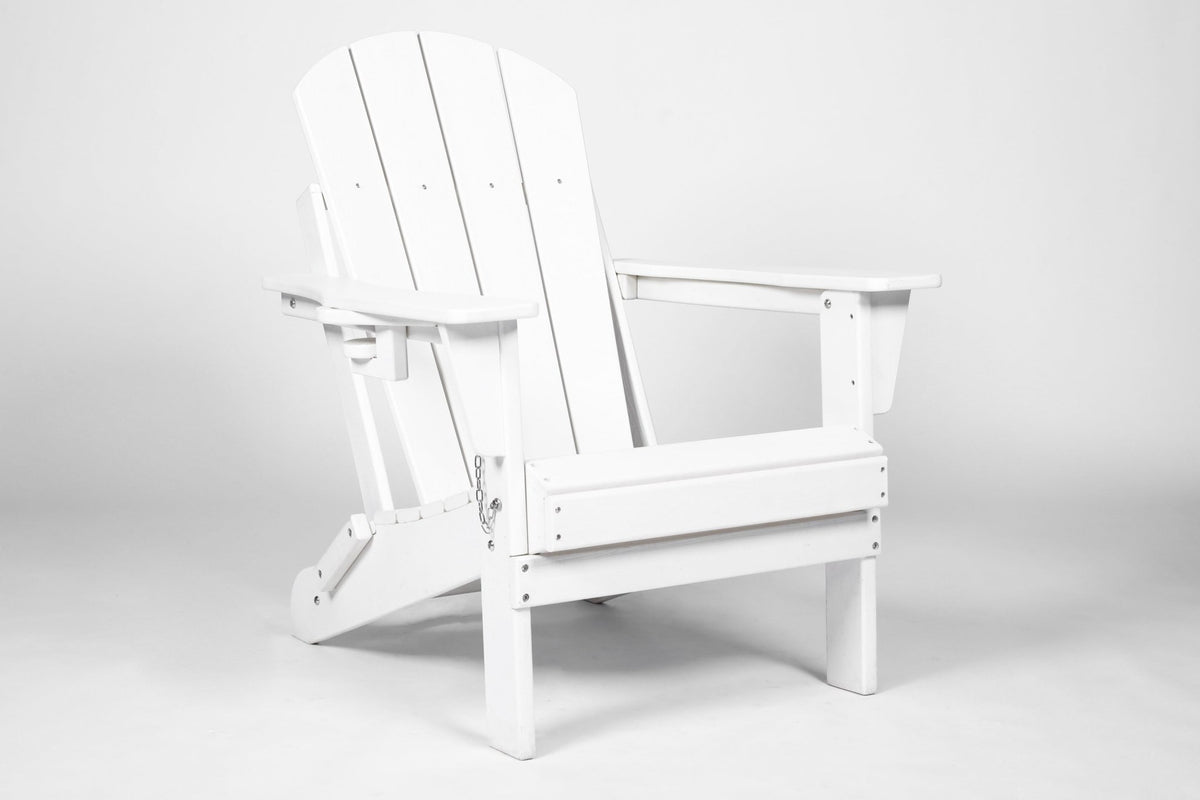 White Virgin HDPE folding Adirondack chair and side table set by Anthony & Home for outdoor living.
