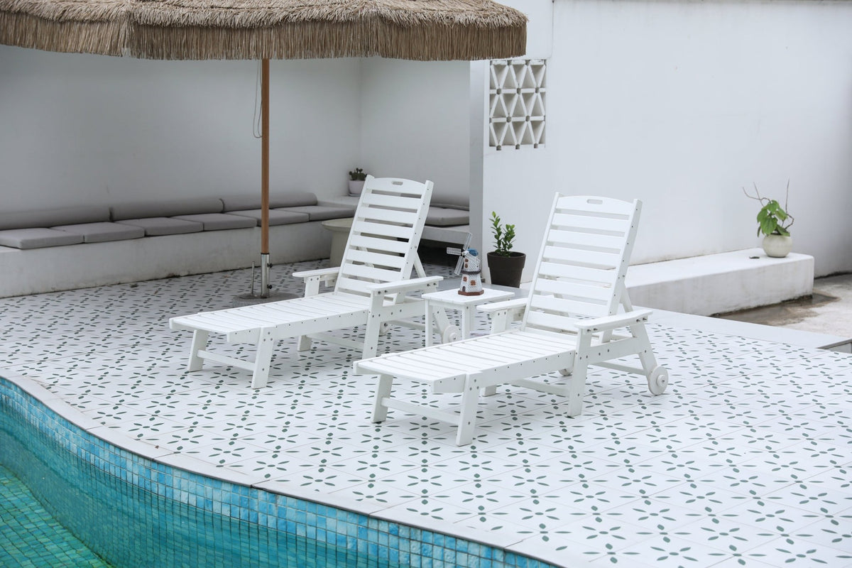 Woodgrain HDPE lounge chair set with matching side table from Anthony & Home, outdoor patio furniture with modern design.