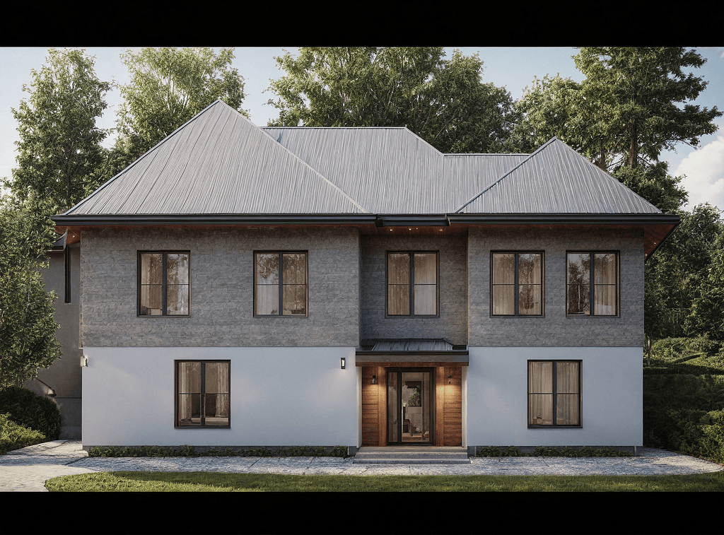 Exterior view of a modern American Dream House plan with 4 bedrooms and 3 bathrooms, designed by Anthony & Home Residential Designs.