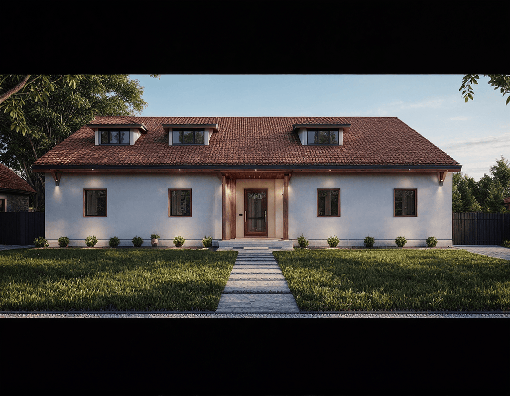 Exterior view of the Atelier Minimalist open-concept 3-bedroom, 2-bath home designed by Anthony & Home Residential Designs.