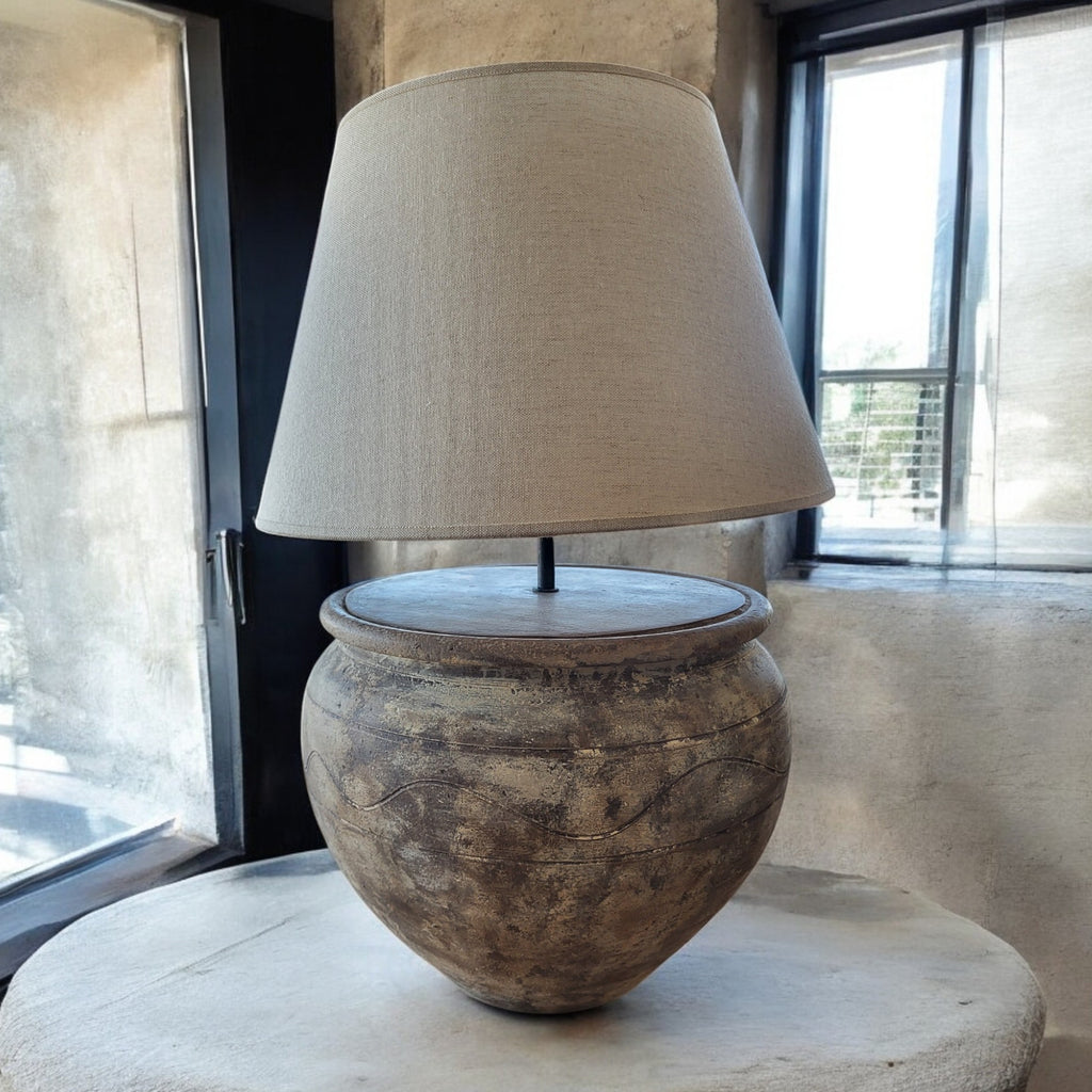 ArtisanbyMF Terracotta LV39 table lamp in a limited edition design with a warm ceramic base and a neutral fabric lampshade
