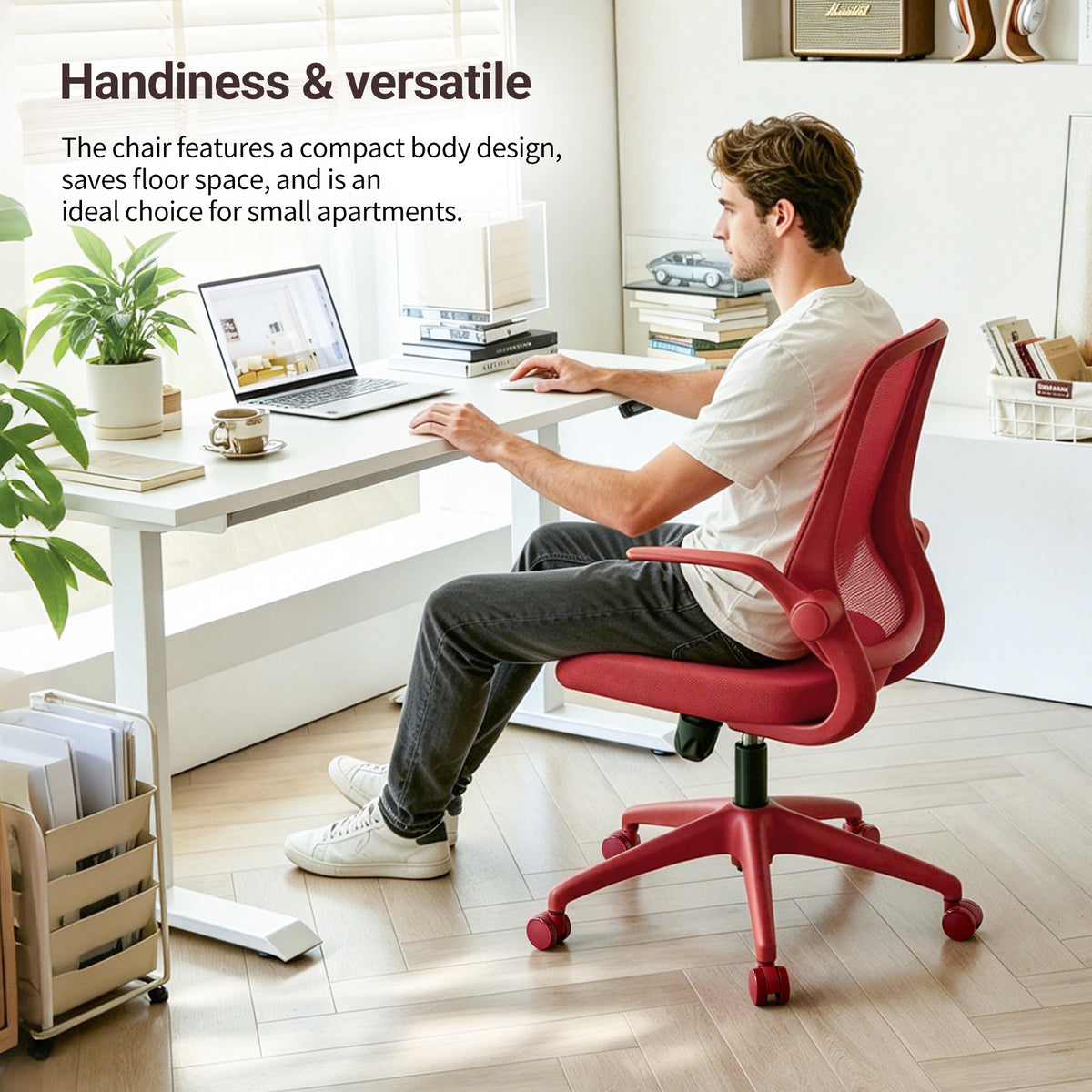 Anthony & Home ergonomic mesh office chair with molded foam cushion from the Atelier Collection in red, showcasing a modern ergonomic design.