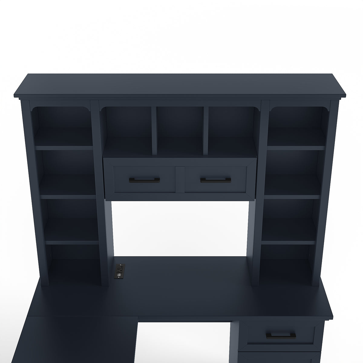 L-shaped desk from Anthony & Home Atelier Collection with power outlet, 2 cabinets, 2 drawers, 11 shelves, and a right flip shelf.