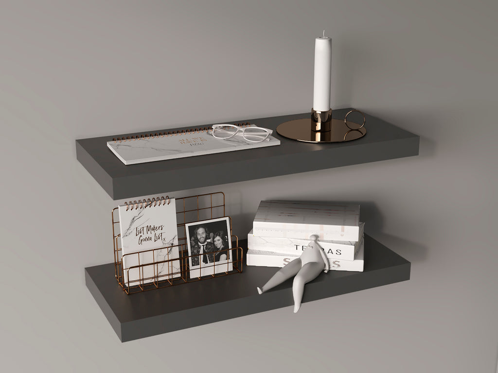 Anthony & Home Studio two-tier floating shelves with matte gray finish, showcasing modern wall-mounted storage and display space.