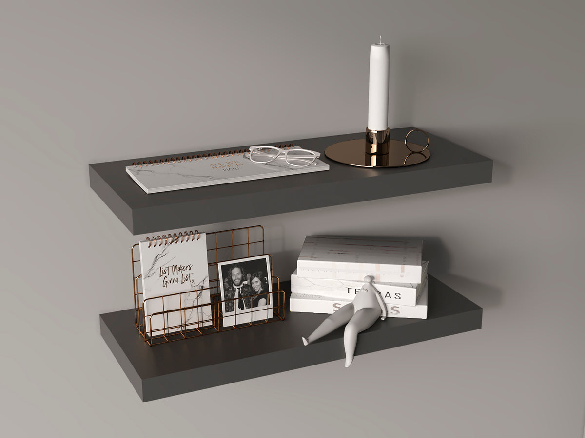 Anthony & Home Studio two-tier floating shelves with matte gray finish, showcasing modern wall-mounted storage and display space.