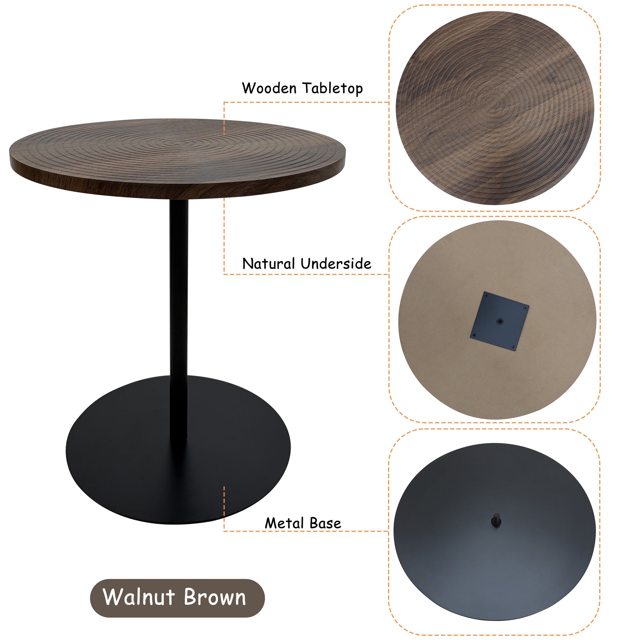 Set of 2 walnut round side tables with black metal pedestal bases featuring concentric design by Anthony & Home.
