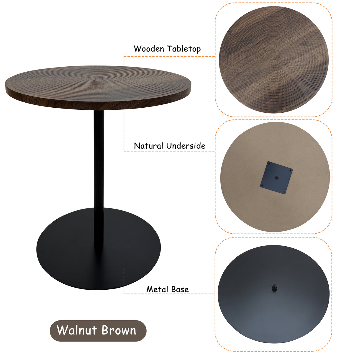 Set of 2 walnut round side tables with black metal pedestal bases featuring concentric design by Anthony & Home.