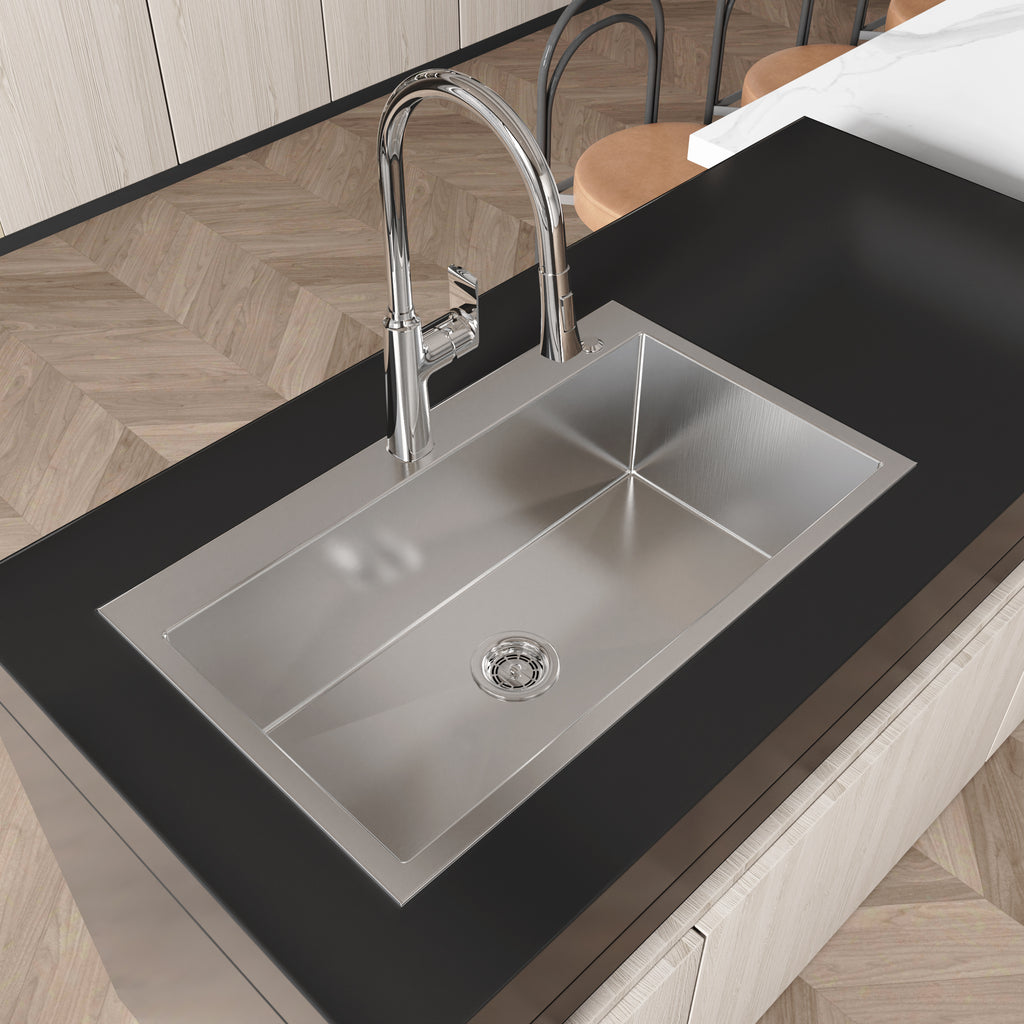 Anthony & Home brushed nickel overmount kitchen sink with single basin and sleek design, showcasing its durable and modern construction.
