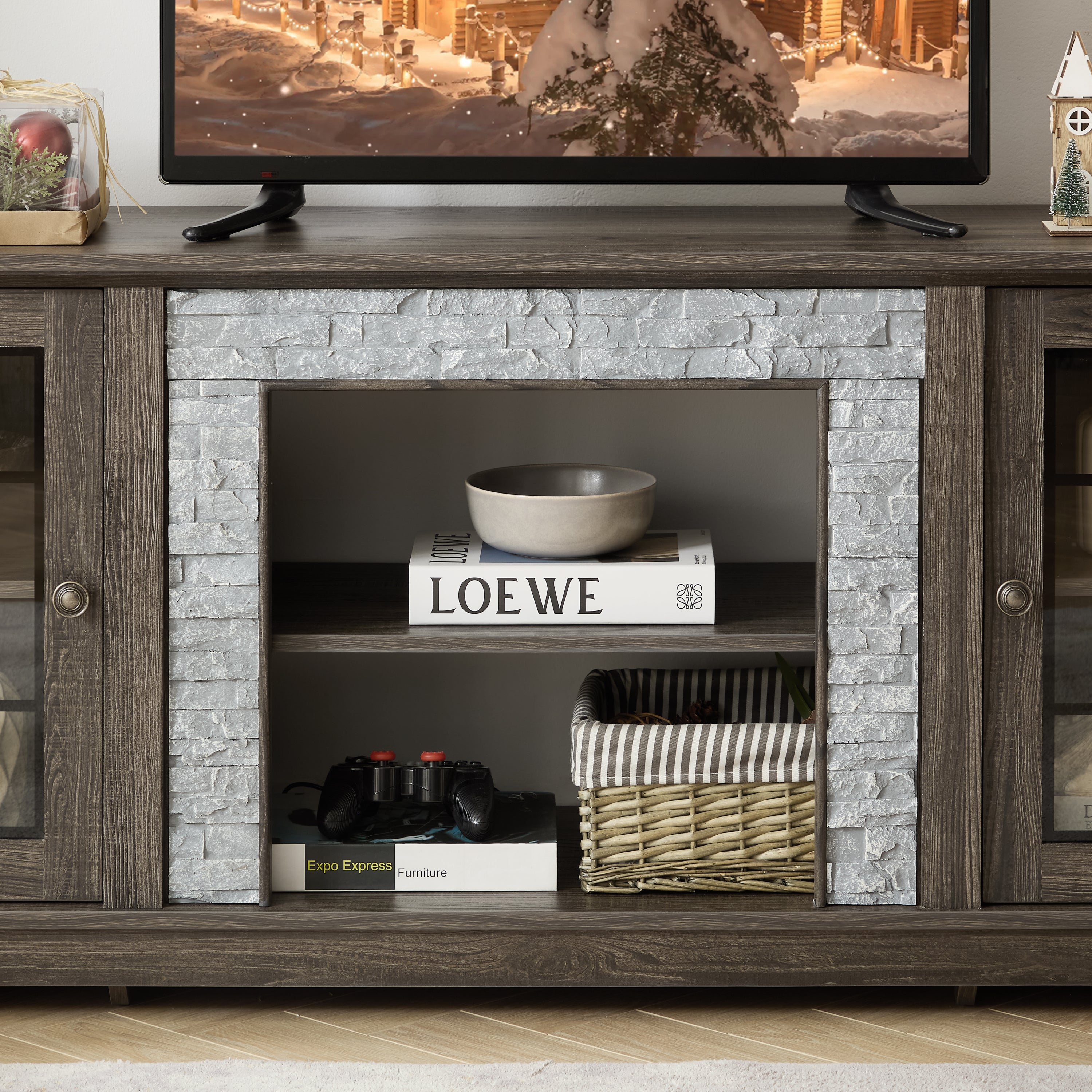 Anthony & Home Atelier Faux Stone TV stand in grey with a modern design, featuring open shelving and sturdy construction.