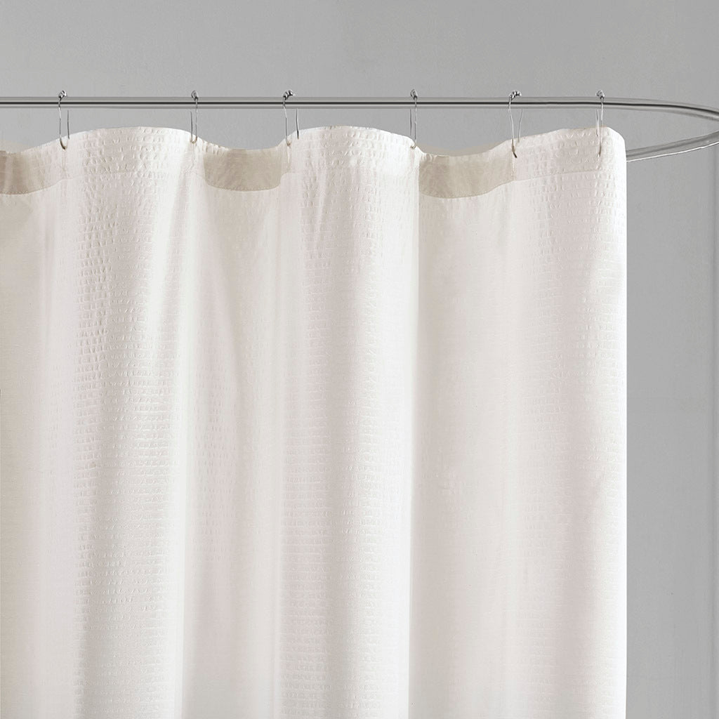 Ombre taupe seersucker Anthony & Home shower curtain with a textured, stylish fabric design for bathroom decor.