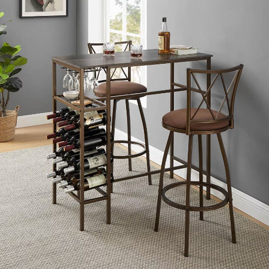 3 Piece Bar Table Set Retro Brown With Steel Frames