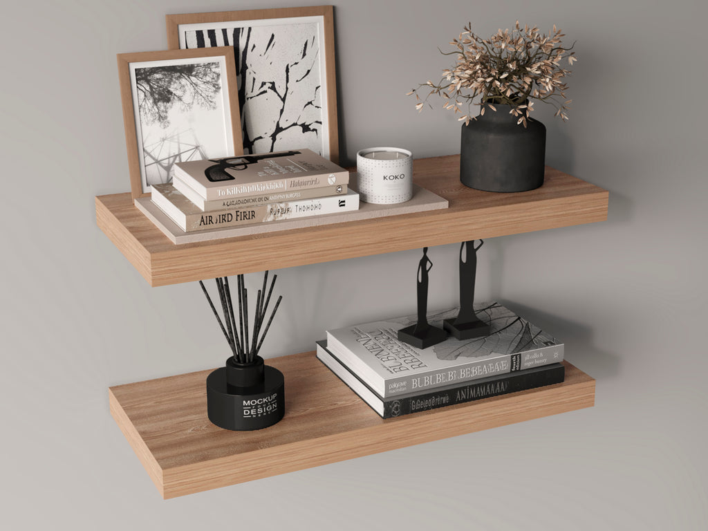 Set of two 31.5-inch walnut finish floating shelves by Anthony & Home, showcasing sleek wall-mounted storage.
