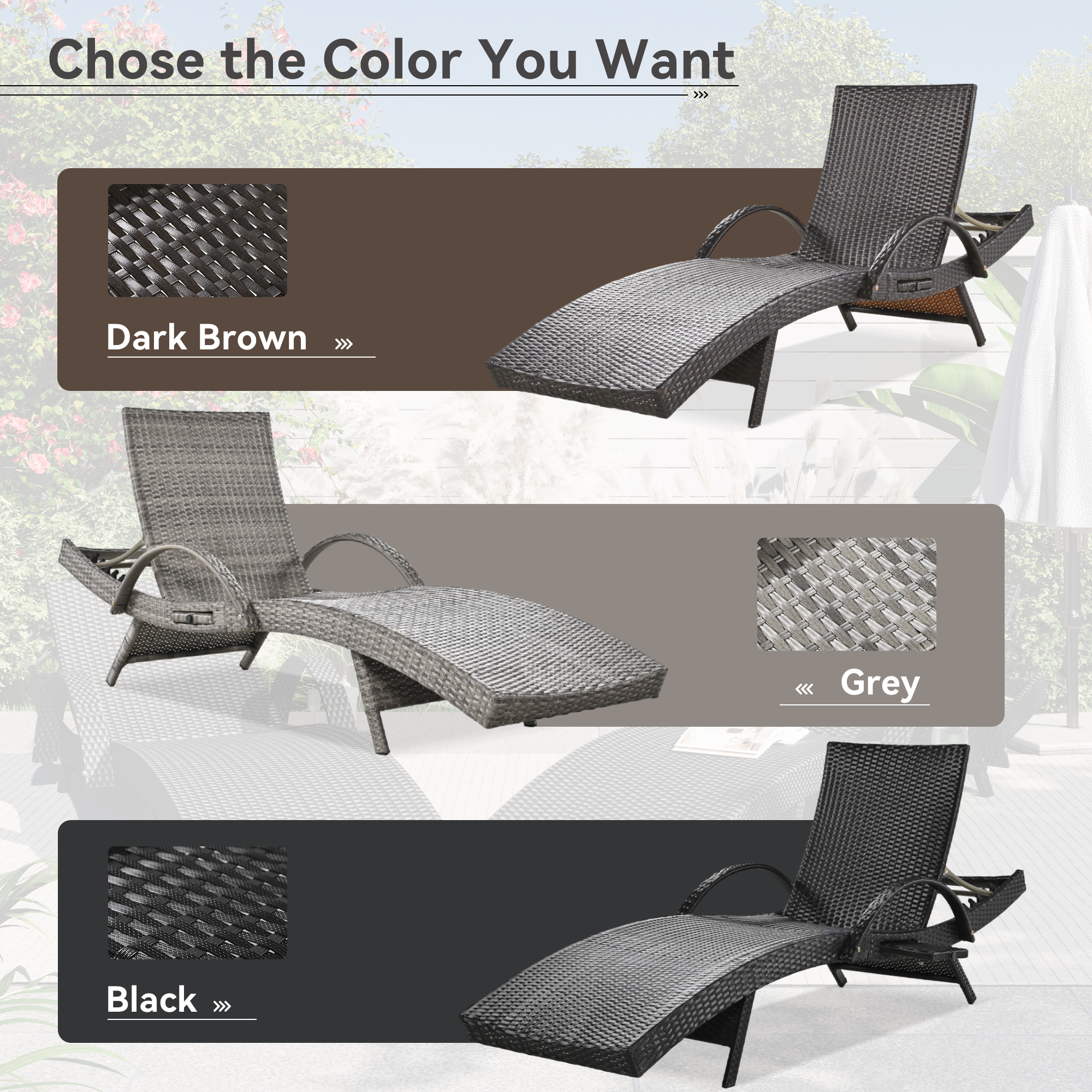 Set of two Anthony & Home grey outdoor wicker chaise lounge chairs with adjustable backrests and pull-out side table for patio.