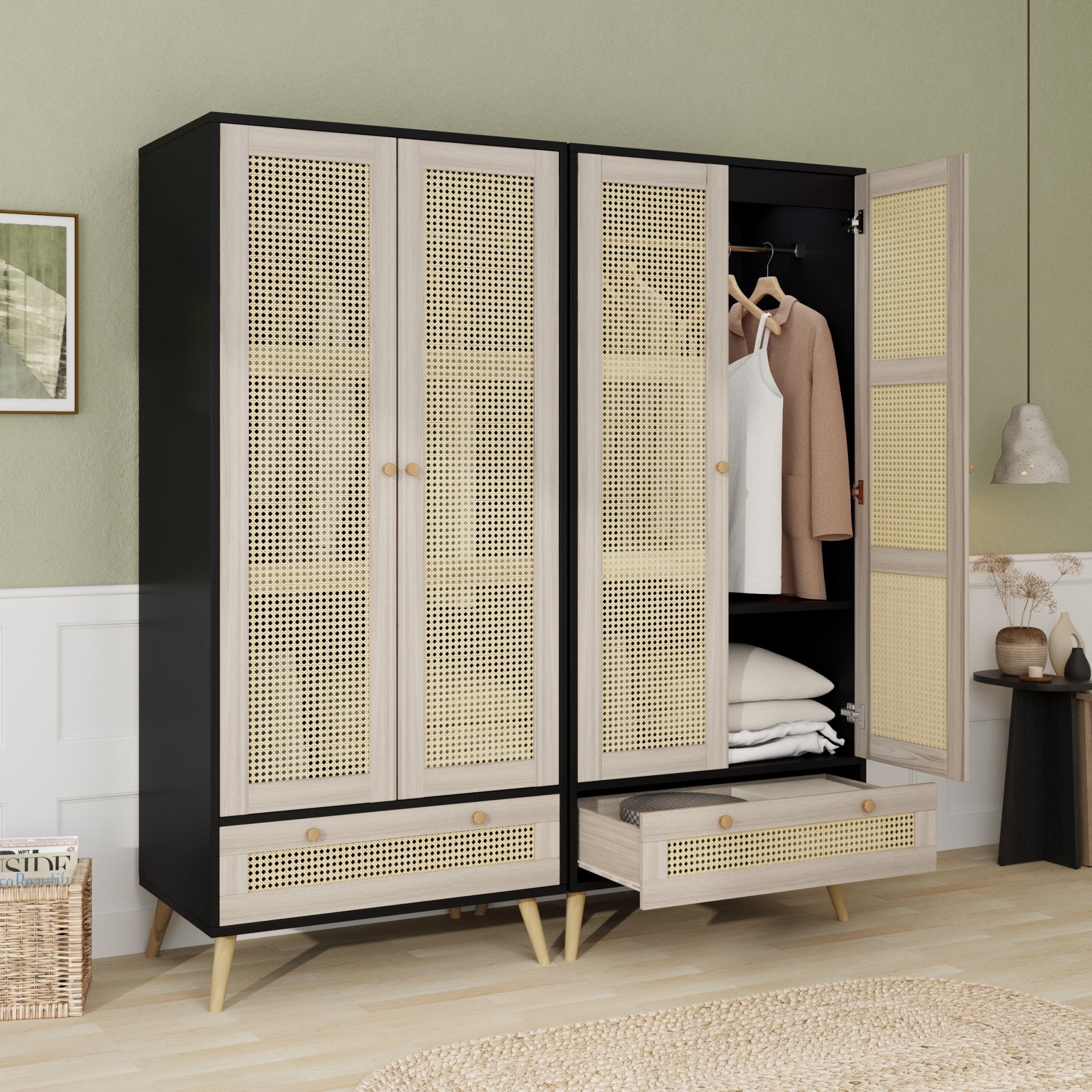 Anthony & Home boho armoire wardrobe with rattan door detail in natural black finish, showcasing a stylish storage solution.