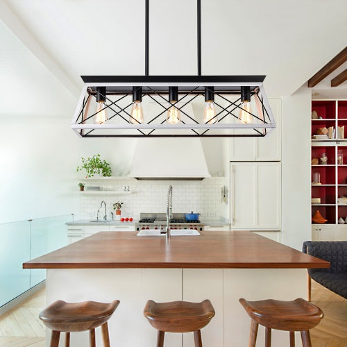 5 Lamps Farmhouse Chandelier White and Black Dining Room