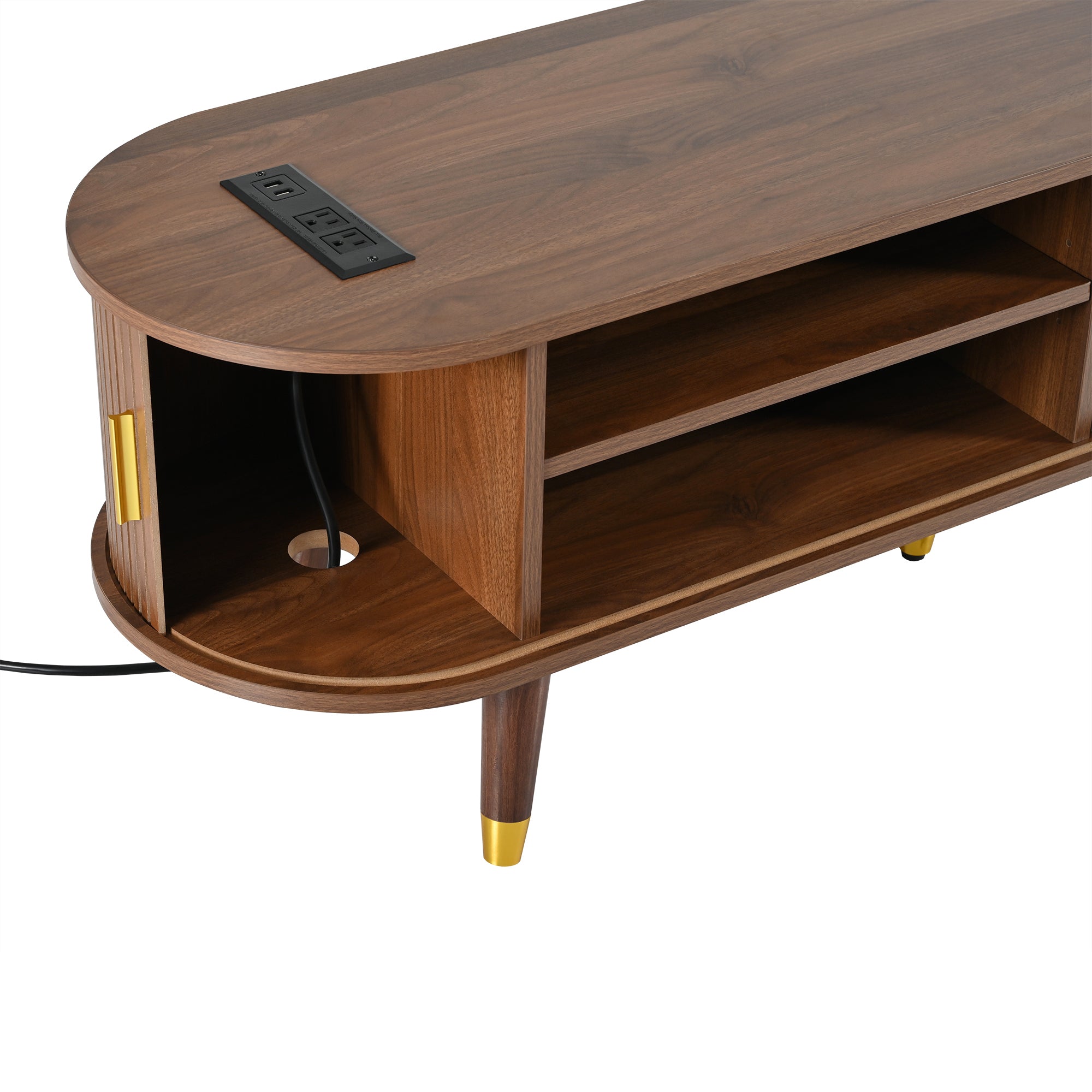 Walnut mid-century TV stand by Anthony & Home with sleek design, wooden finish, and spacious storage compartments.