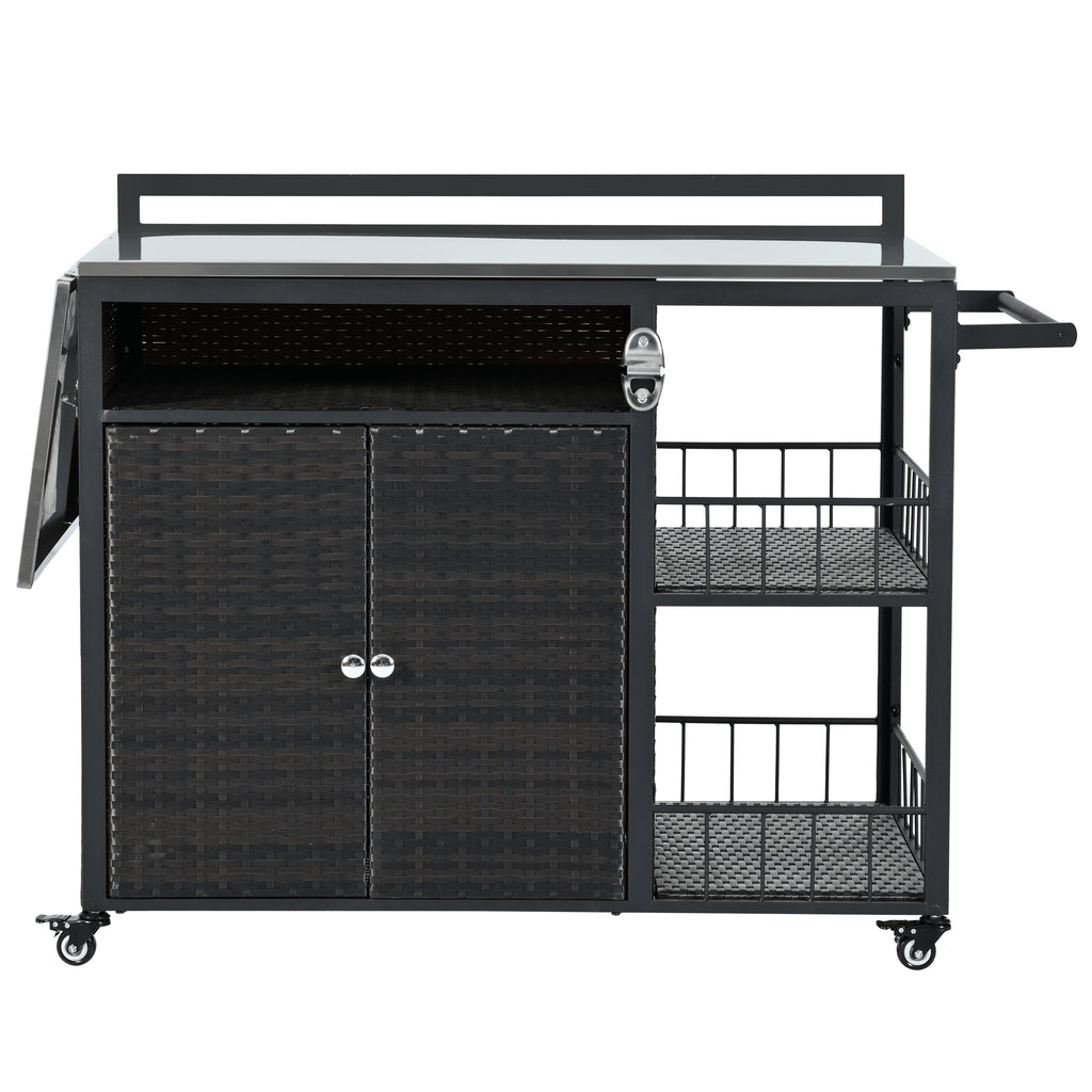 Outdoor Kitchen Island with Storage and Folding Tabletop in Dark Brown, PE Rattan and Iron, Premium Collection