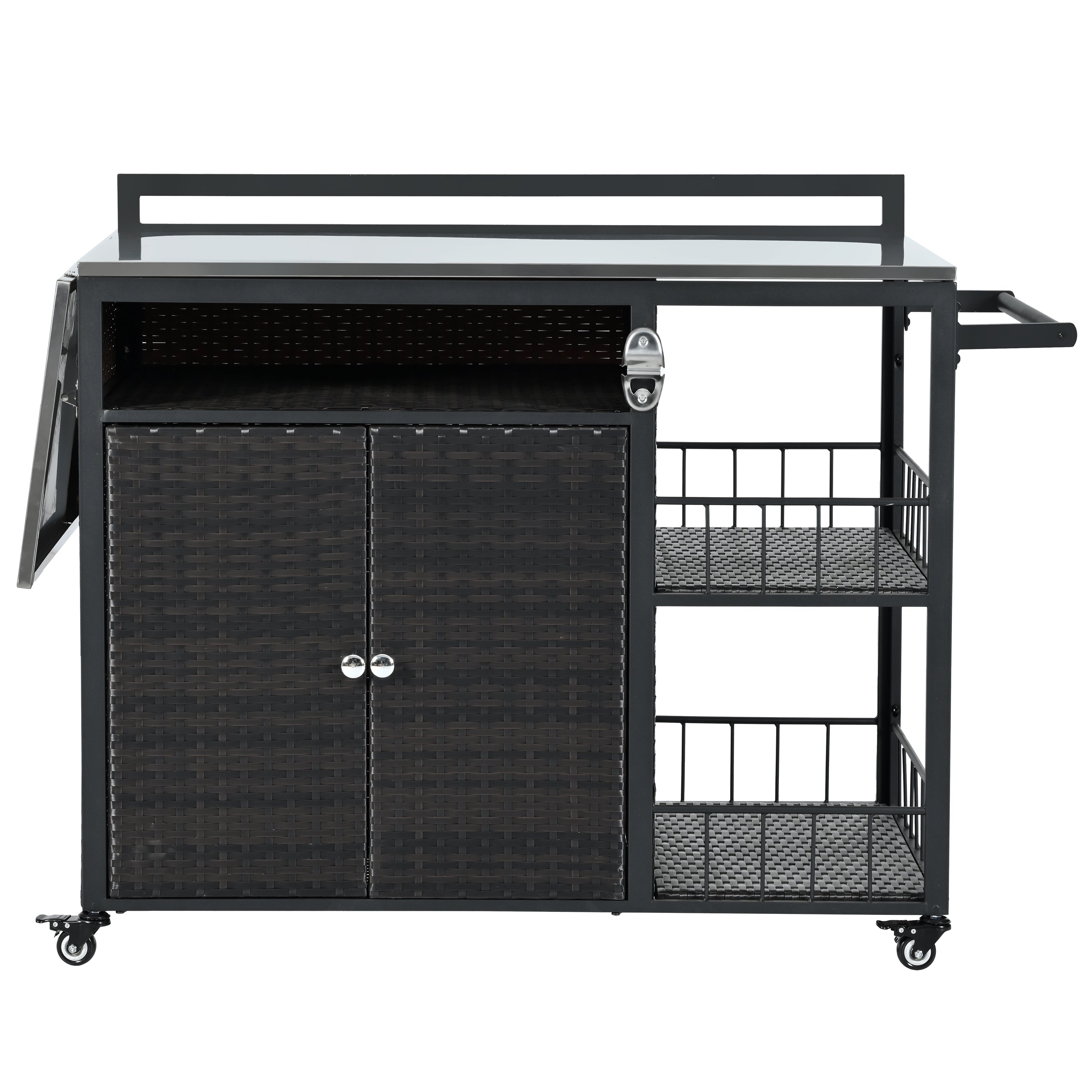 Outdoor Kitchen Island with Storage and Folding Tabletop in Dark Brown, PE Rattan and Iron, Premium Collection