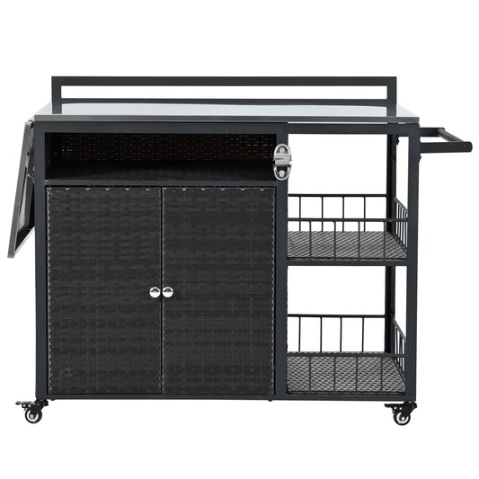 Outdoor Kitchen Island with Storage and Folding Tabletop in Dark Brown, PE Rattan and Iron, Premium Collection