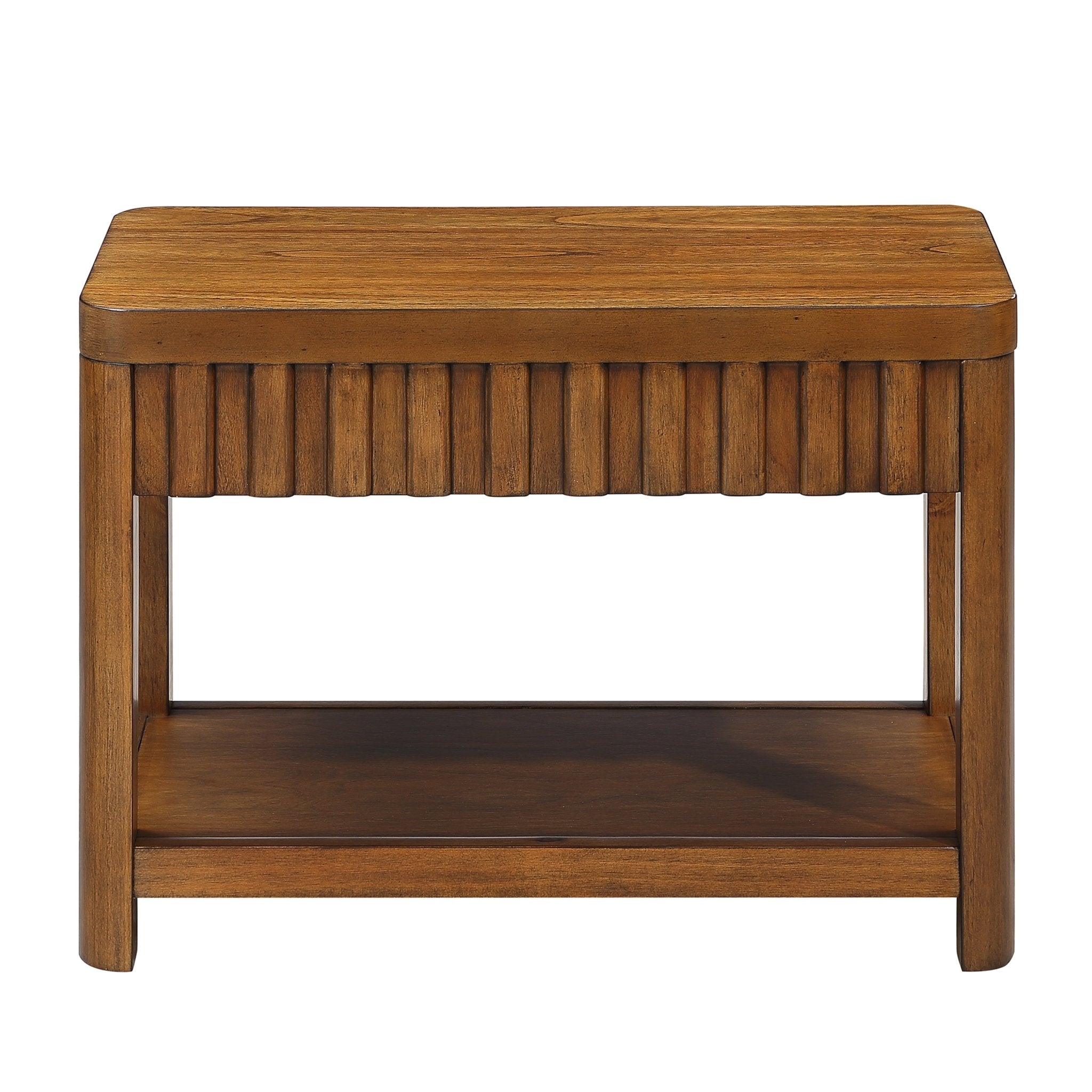 Walnut veneer farmhouse end table with storage shelf, 25-inch height, crafted by Anthony & Home in Vietnam.